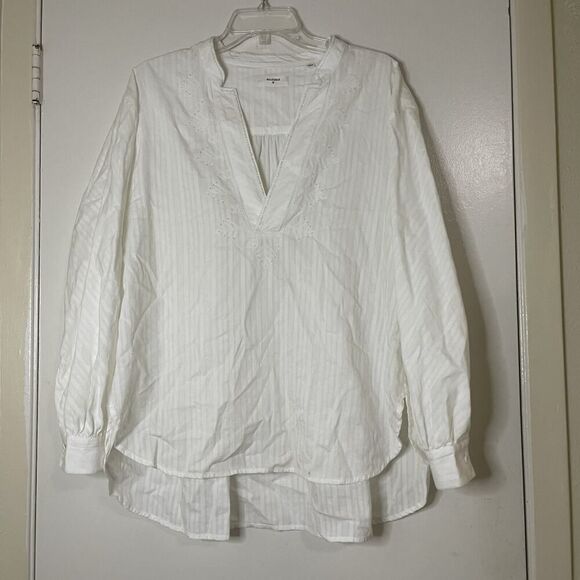 Billy Reid white stripe long sleeve beaded embroidered neck detail top Small - Picture 1 of 6
